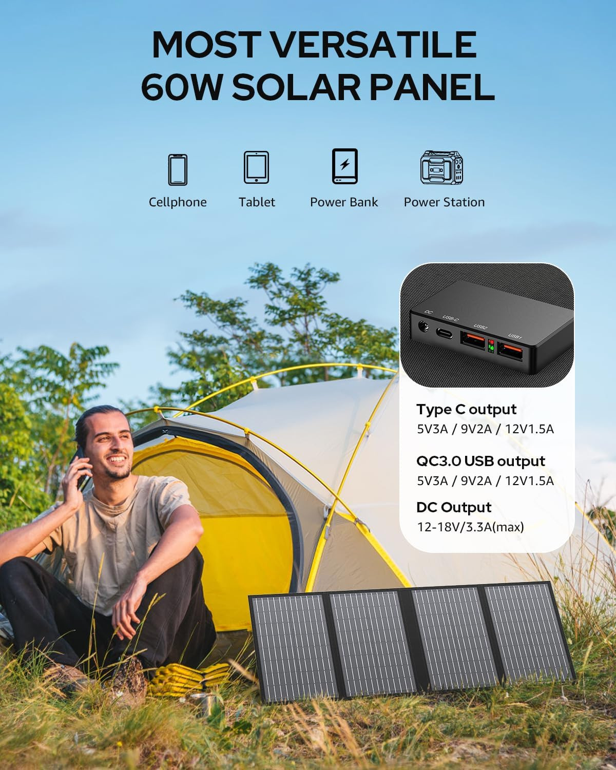 60W Portable Solar Panel Charger for Camping, RV, and Power Stations