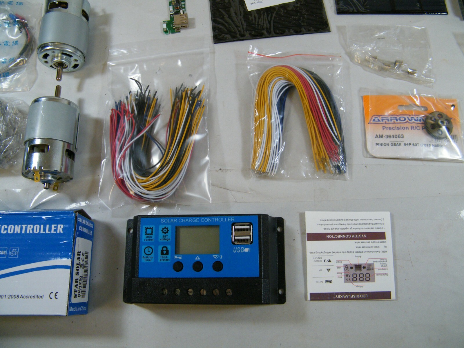STAR SOLAR CONTROLLER, MINI SOLAR PANELS, WIRES, CASES, ETC, DIY PHONE CHARGER