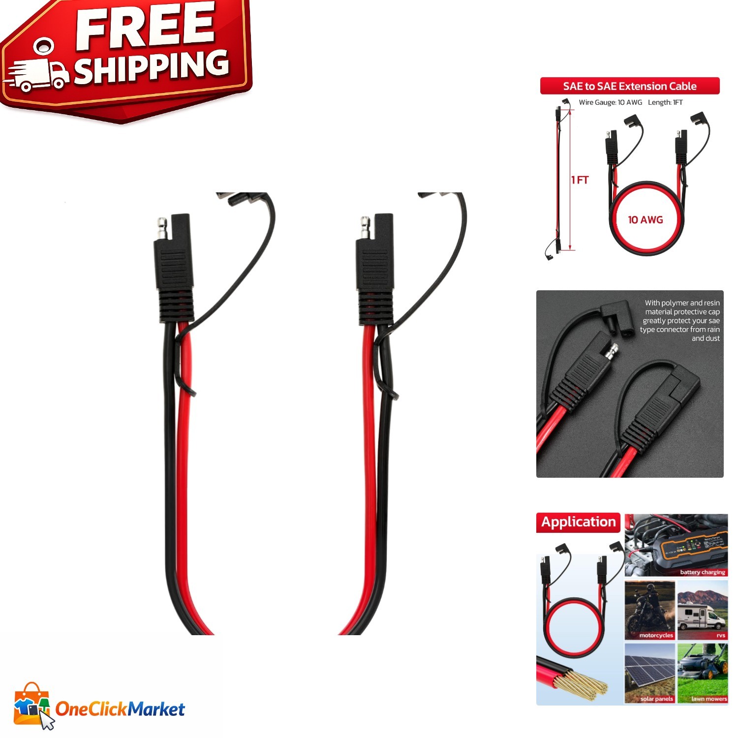 10 Gauge SAE to SAE Extension Cord 1FT – Two-Prong Water Resistant Connection