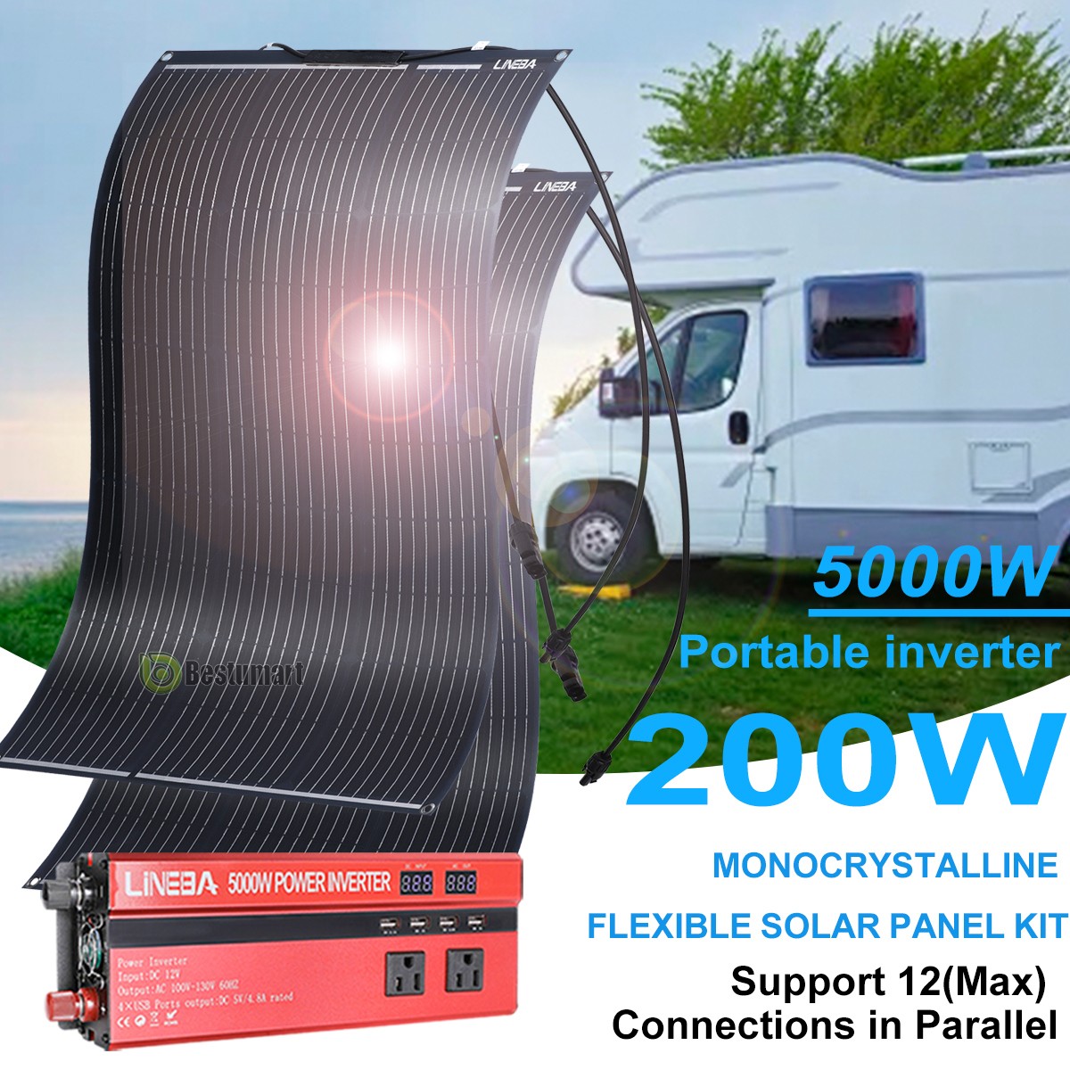 200W Kit de [aneles Solares Flexibles inversor 5000W para el hogar autocaravanas