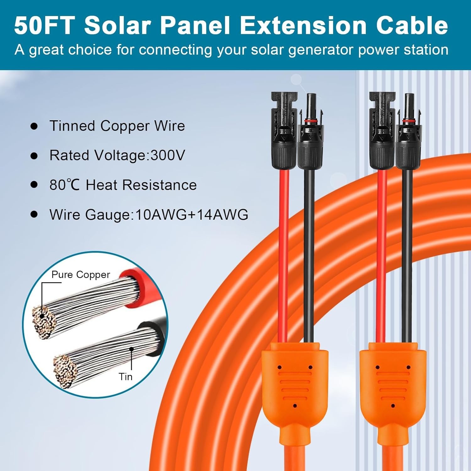 Solar-Panel Extension Cable 50FT – 10AWG+14AWG Solar Wire with Connector
