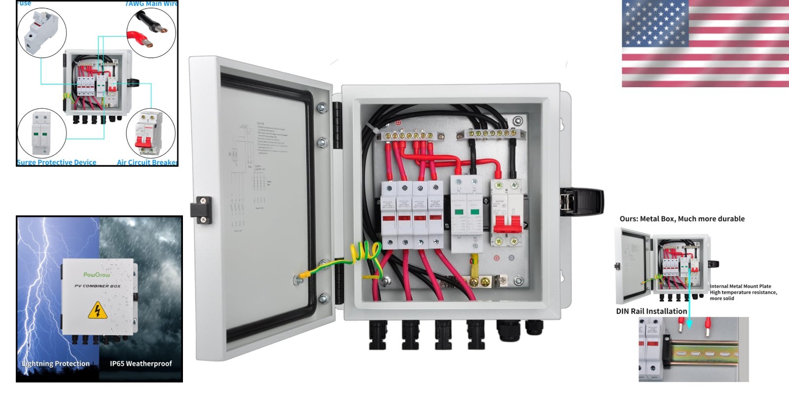Durable 4 String Metal PV Combiner Box Solar System Fuse