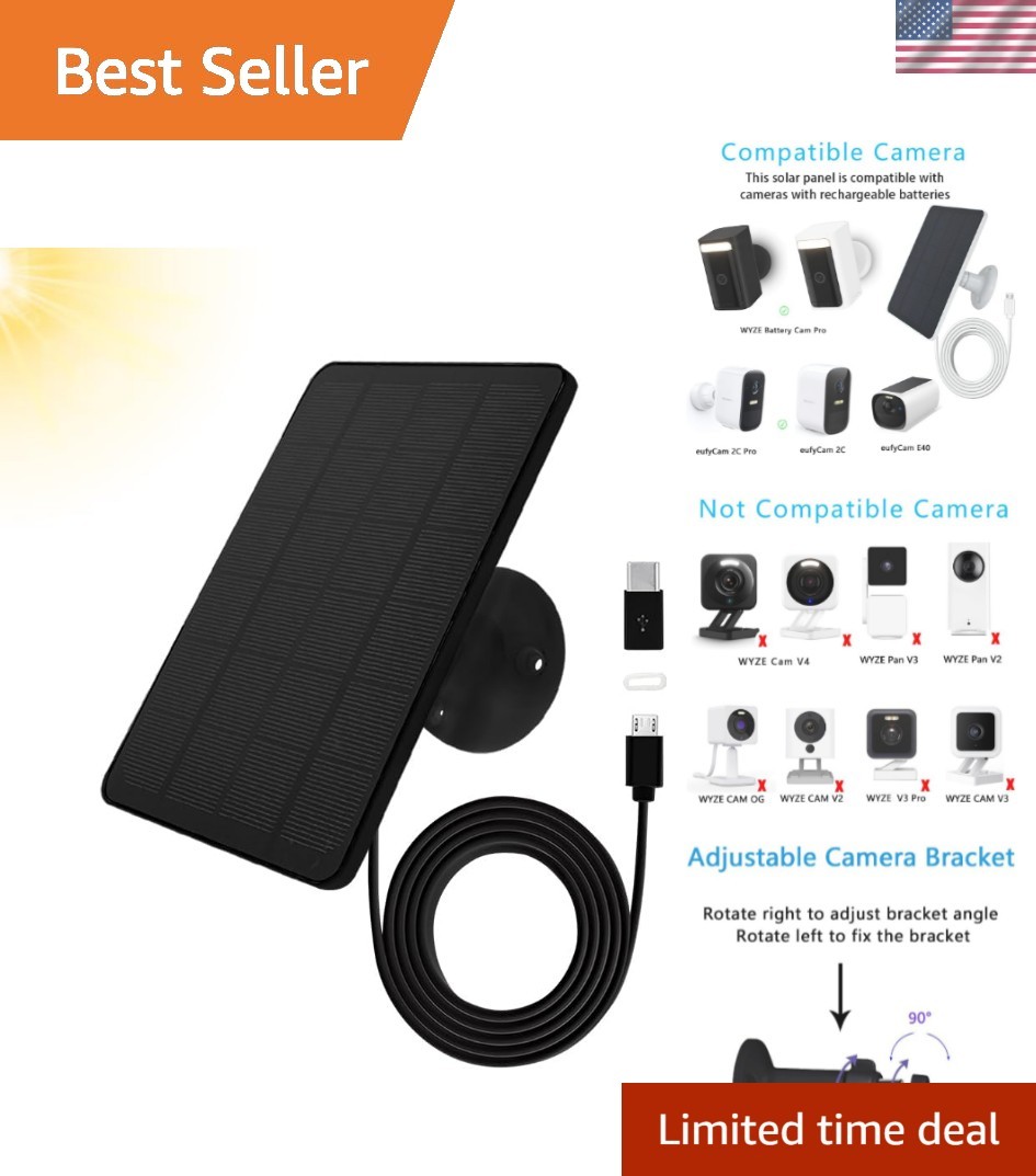 High Efficiency Solar Panel for Outdoor Security Cameras – 10ft Cable Included