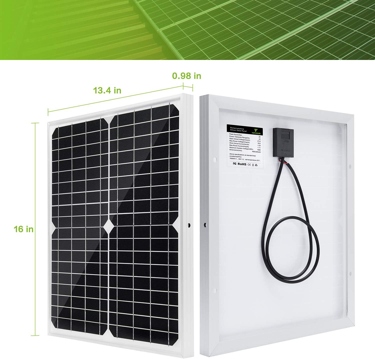 Topsolar Solar Panel Kit 20W 12V Monocrystalline with 10A Solar Charge Controlle