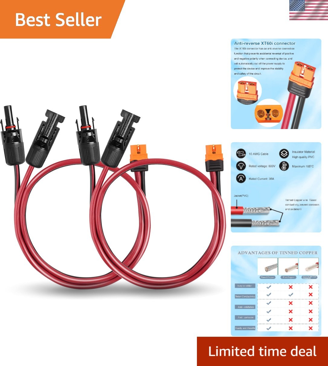 Durable 2FT Solar Panel to XT60i Cable – Male-to-Male Connection with Low Loss
