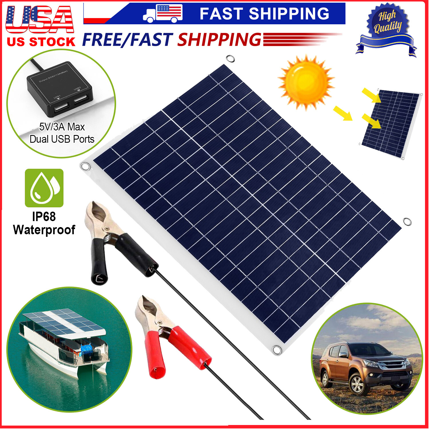 25W Solar Panel 12V Battery Maintainer Trickle Charger Car RV Boat Trailer IP68