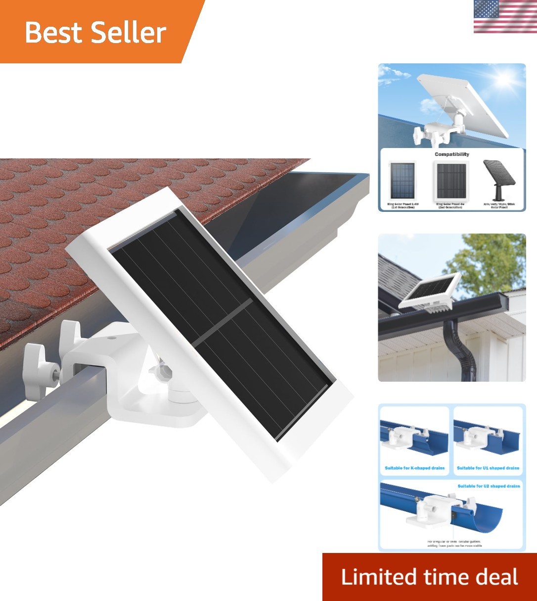 Universal Solar Panel Gutter Mount for Ring, Eufy & Wyze – Waterproof & Durable