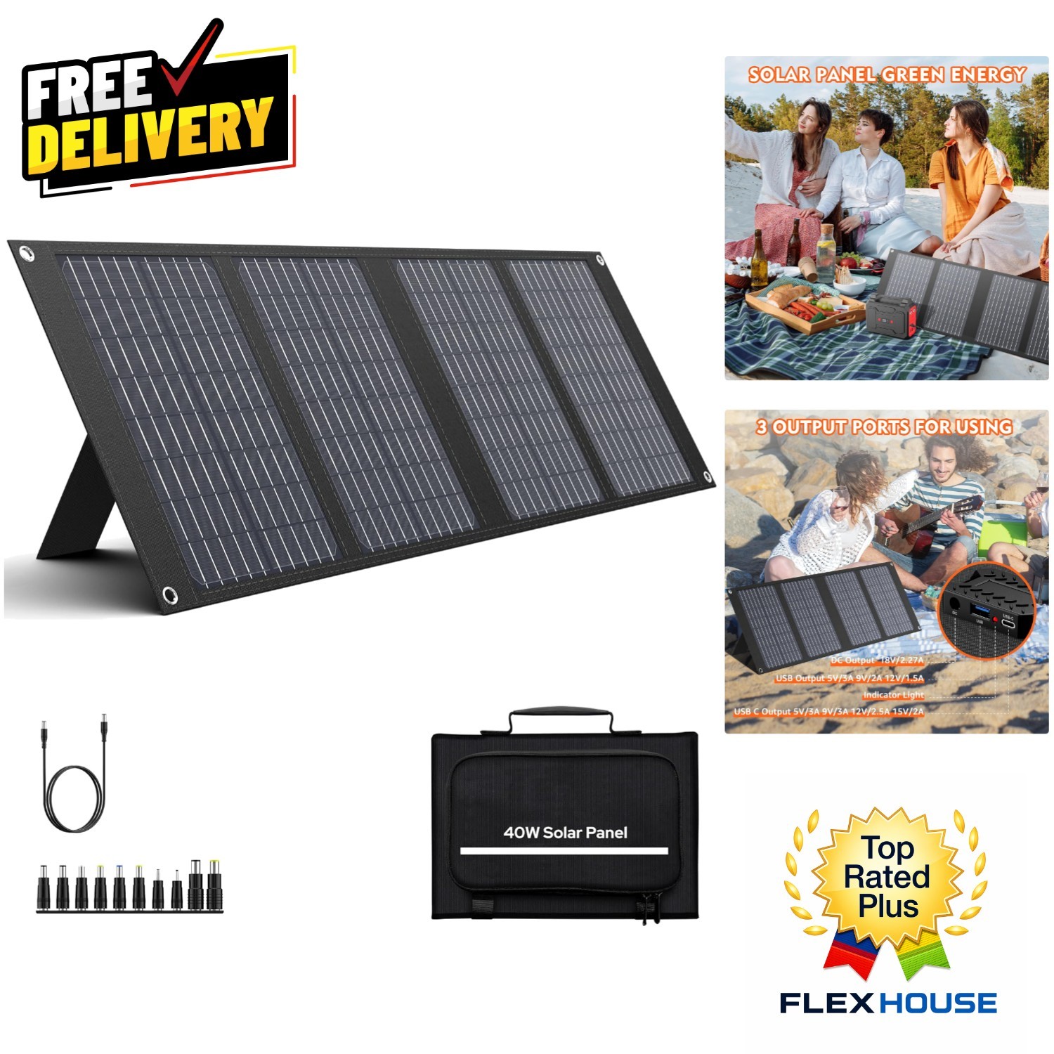 High Efficiency 40W Solar Charger with Adjustable Kickstands for Outdoor Use