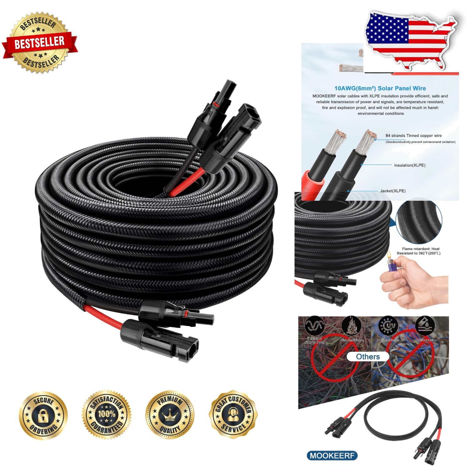 10AWG 20ft Solar Panel Wire – Tinned Copper, Waterproof MC4