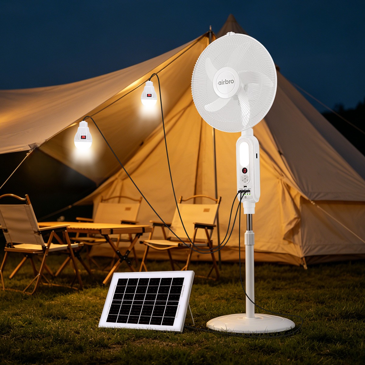 16″ Rechargeable Floor Standing Fan + 2PCS LED Bulbs w/ Remote AC & Solar Charge