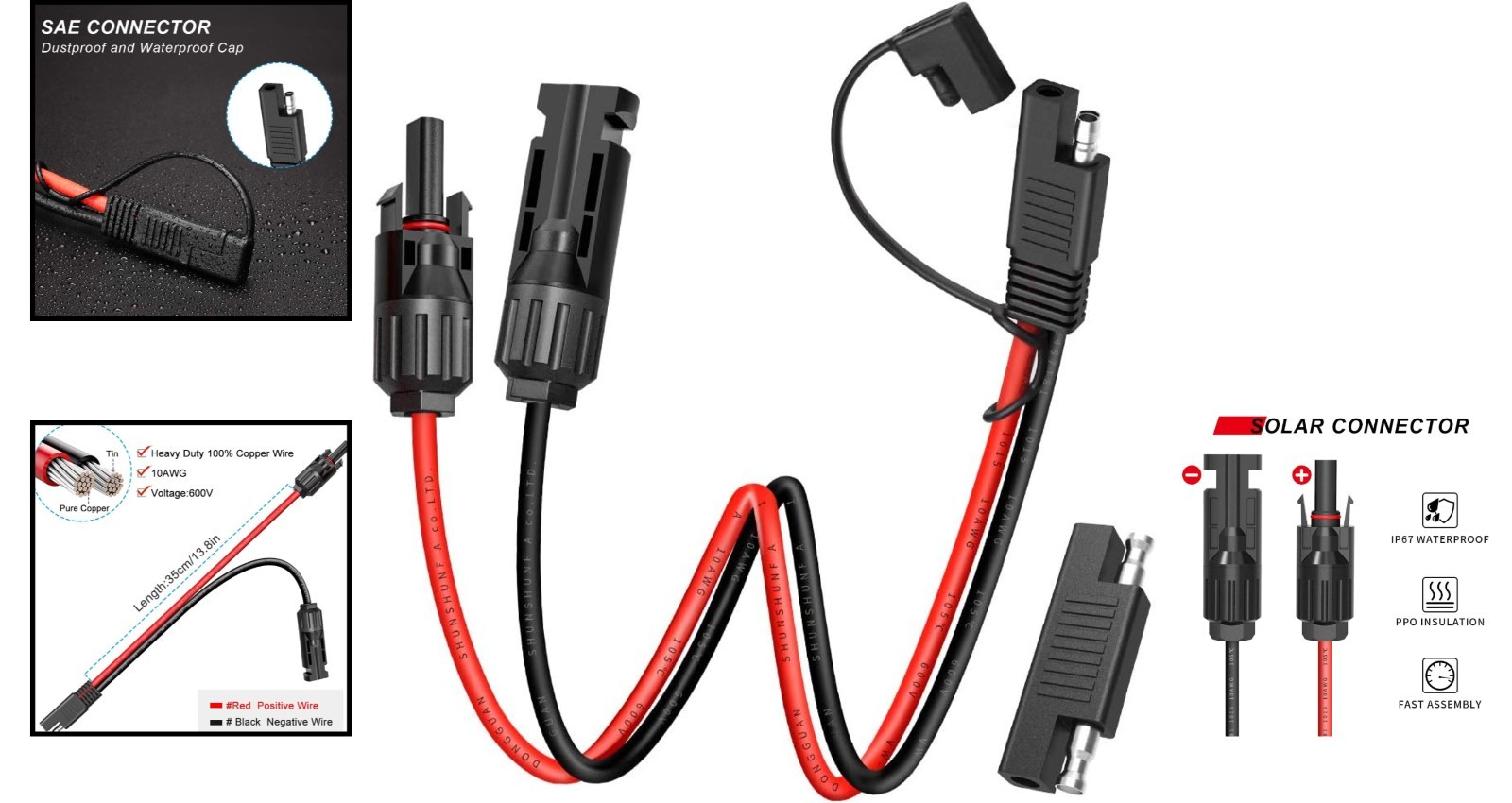 Reliable SAE Extension Cable 10AWG – Solar Connector with Waterproof Cap, 1.15ft