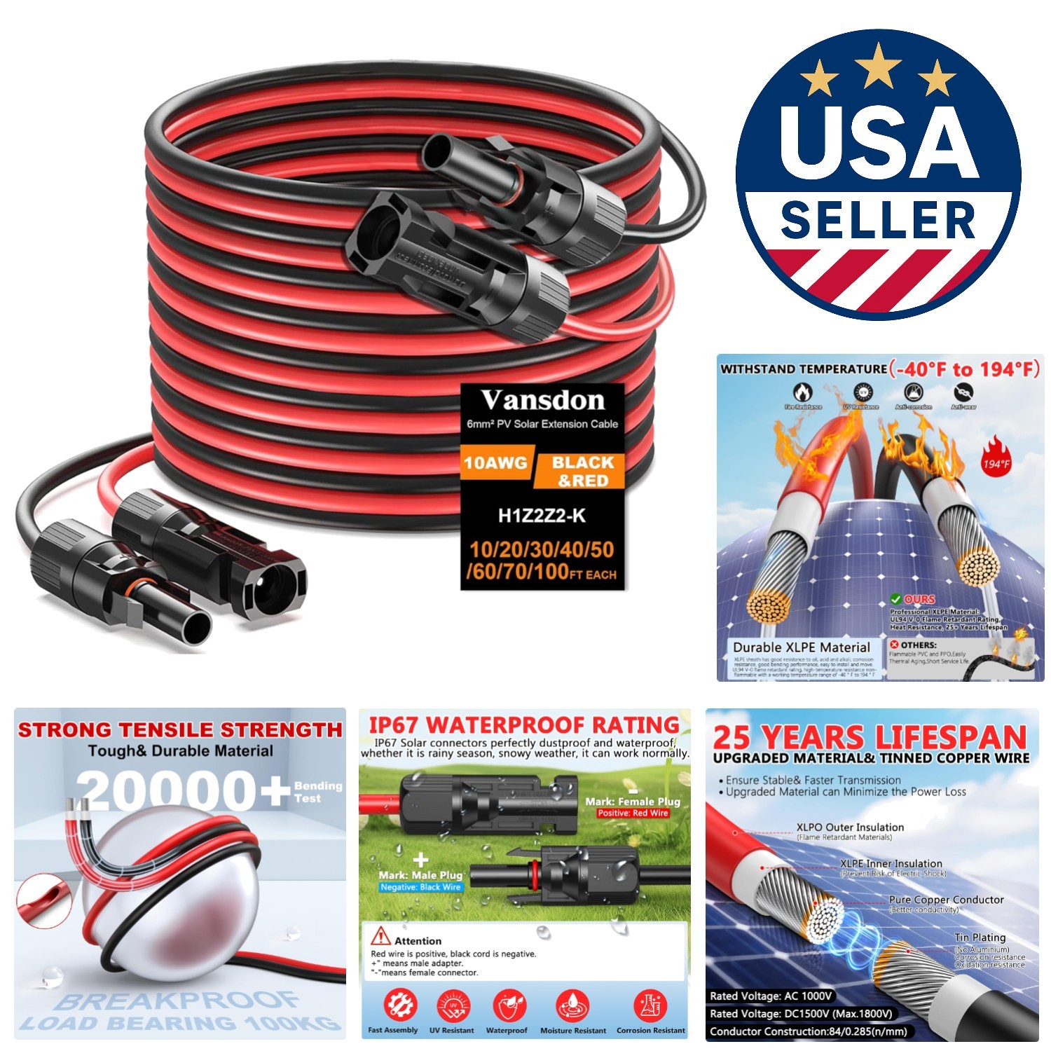 10AWG 50 Feet Solar Cable with Connectors – Ideal for RV and Outdoor Use