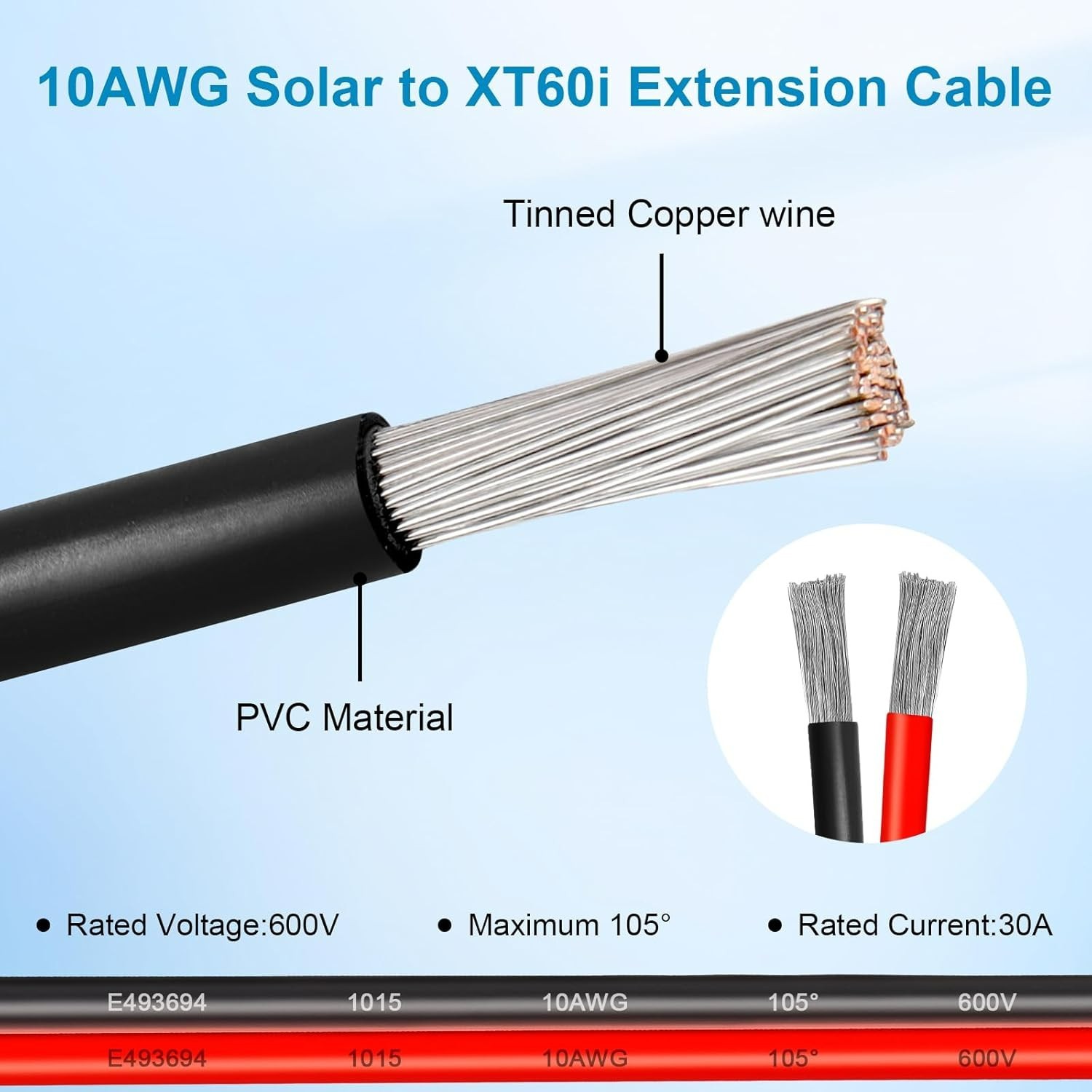 10AWG 25FT Solar to XT60i Extension Cable 3 6 10 35 50 75 100FT Heavy Duty