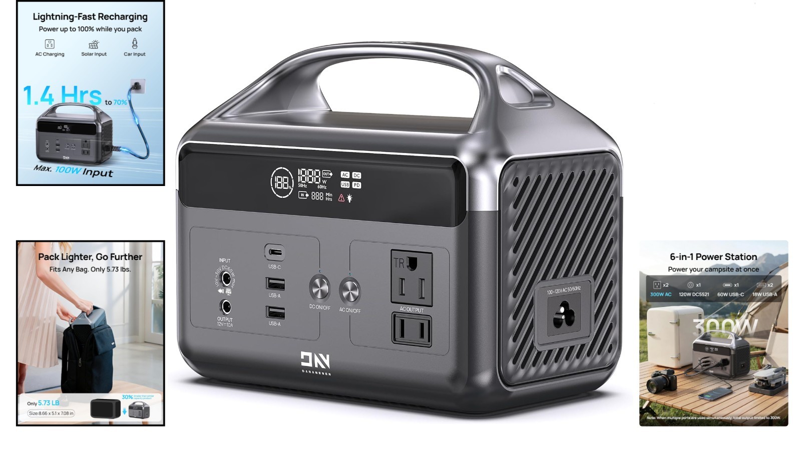 Portable Power Station 192Wh – 300W Pure Sine Wave Solar Generator for Outdoor