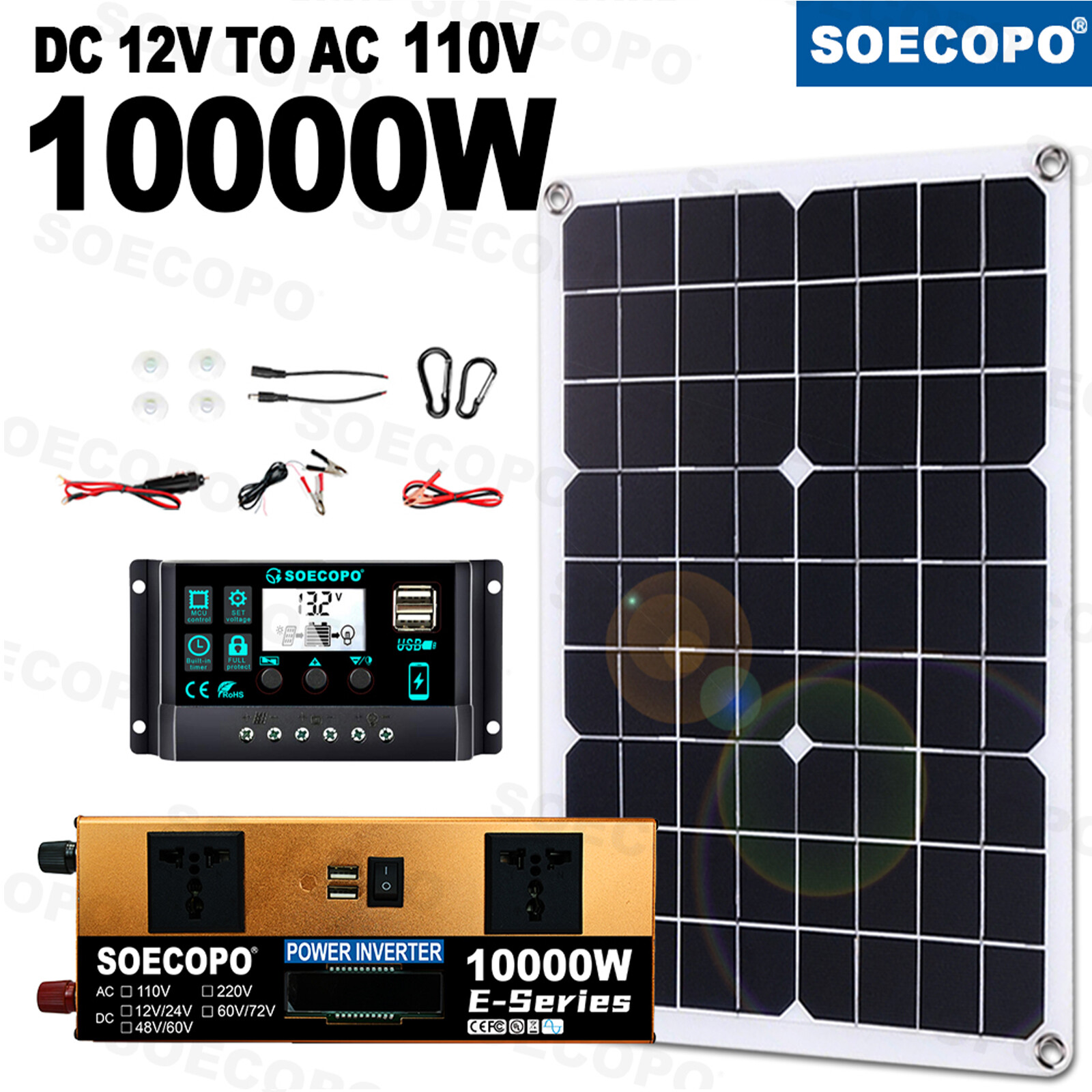 10000W Solar Kit 500W Panel 100A MPPT Controller DC Cable 12V/24V to 220V/110V