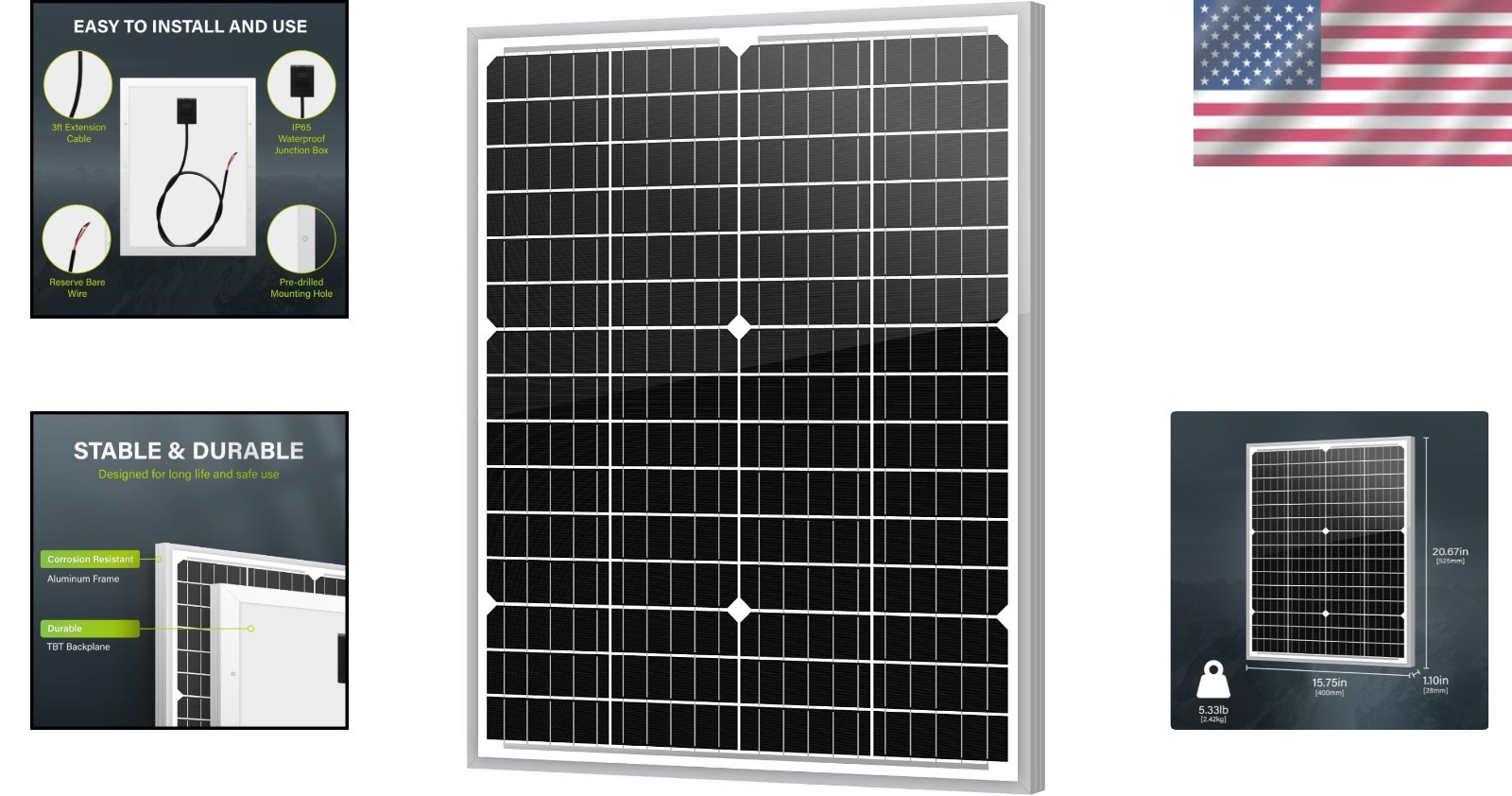 Compact 35W Monocrystalline Solar Panel with Weatherproof Design for RVs & Boats