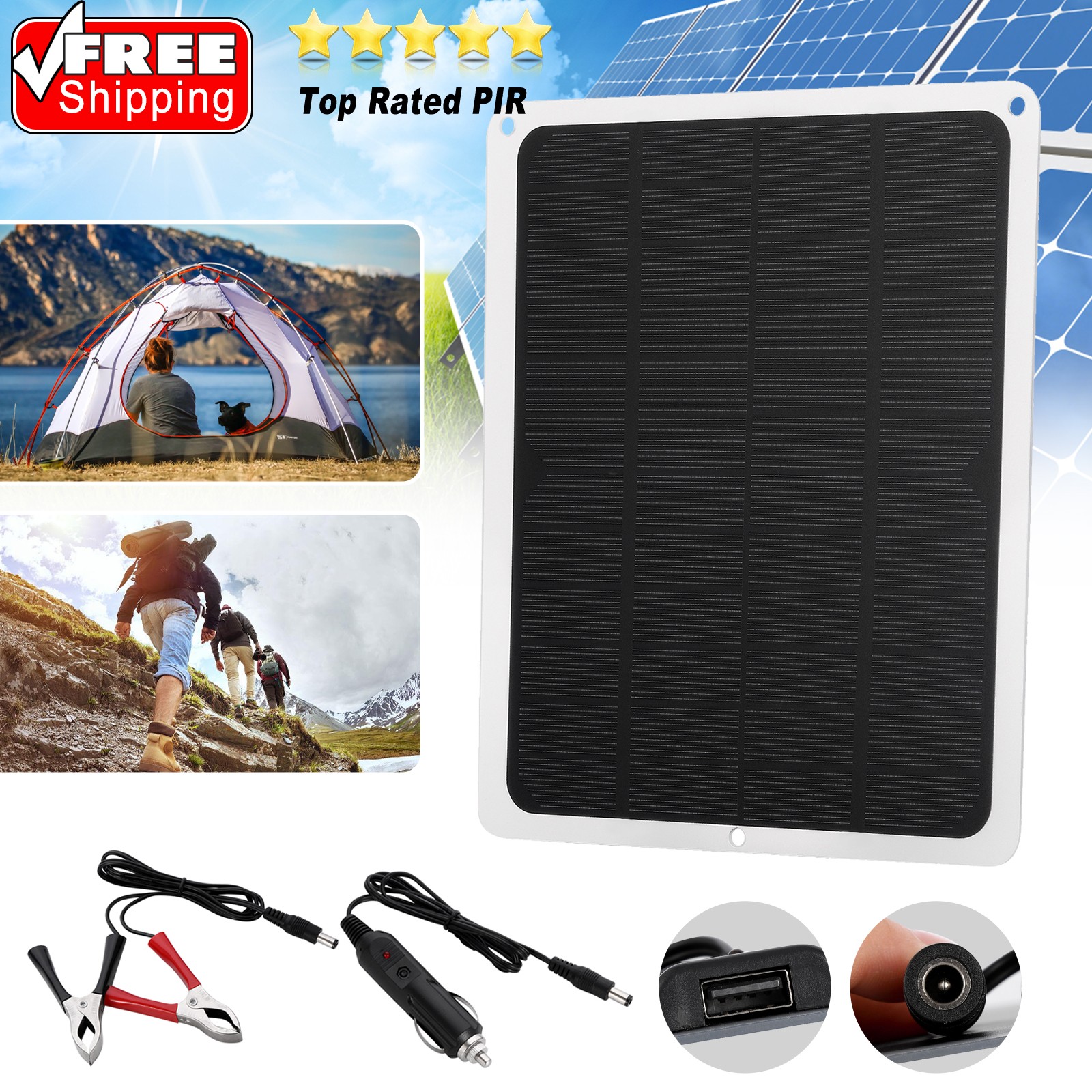 Trickle Charger 10W Solar Panel Kit 12V Battery Charger Maintainer Boat RV Car