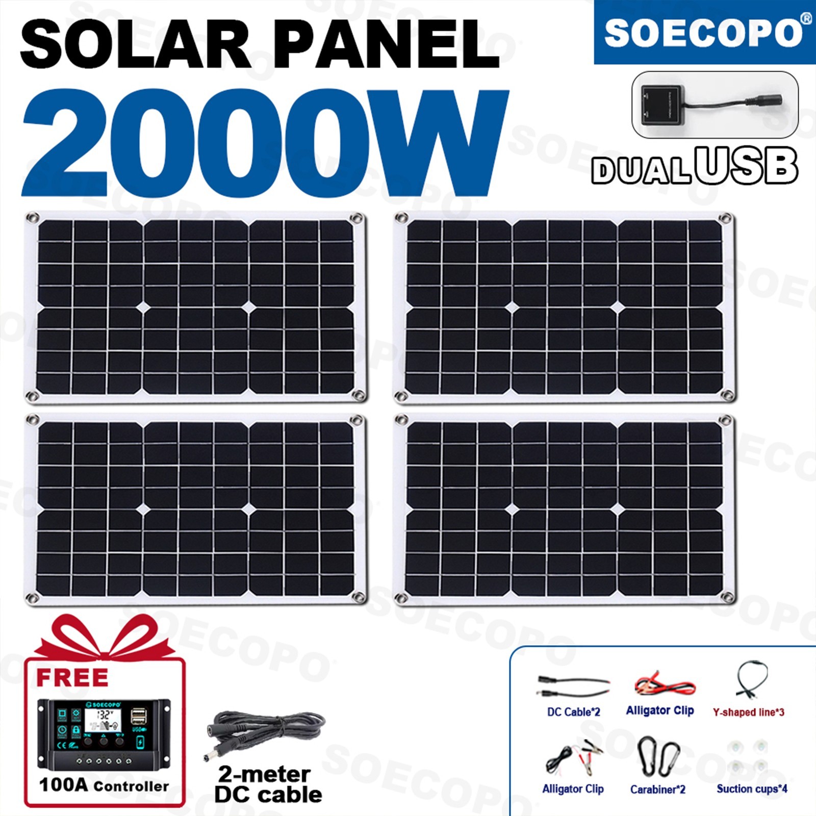 4x500W Solar Panels-100A Controller+Y-Cable+Suction Cups for Home/Outdoor PoweP5