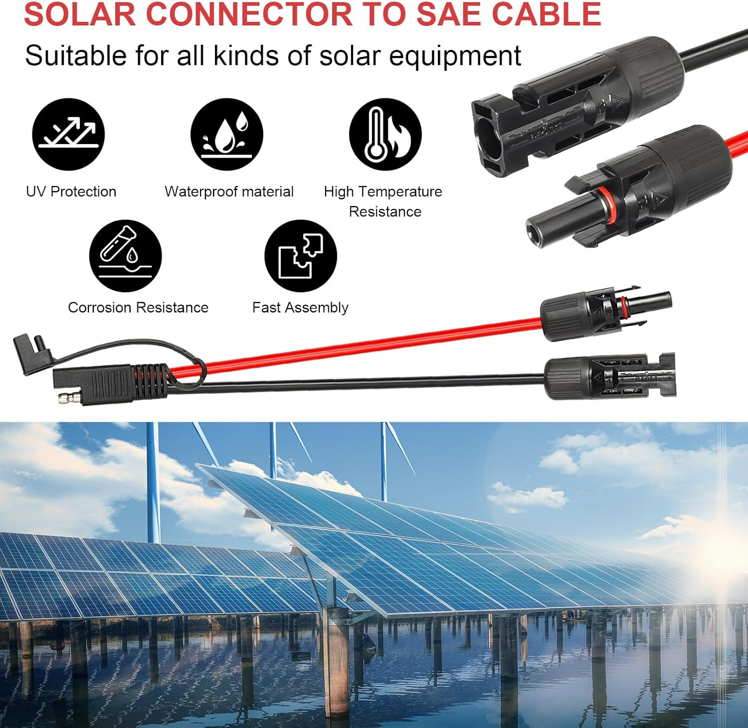 2PCS 3FT Solar Panel to SAE Adapter Cable – 10AWG SAE Connector Extension Cable
