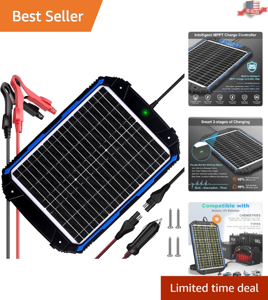 20W 12V Solar Charger with Automatic MPPT Controller for All Vehicles