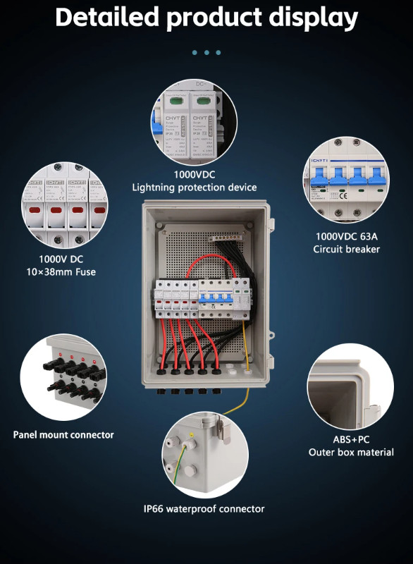 PV Combiner Box 5-in1-out 600V DC IP65 Waterproof SPD MCB Fuse Lightning Protect