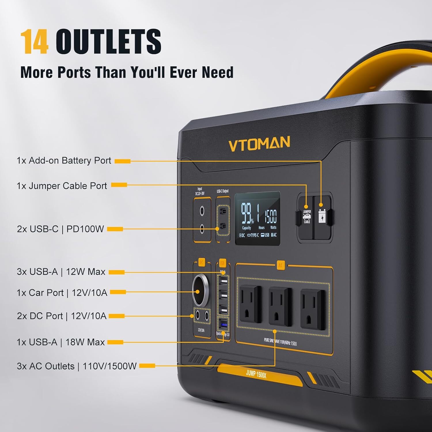 VTOMAN Jump 1500X Portable Power Station 1500W (3000W Peak), 828Wh LiFePO4 (LFP)