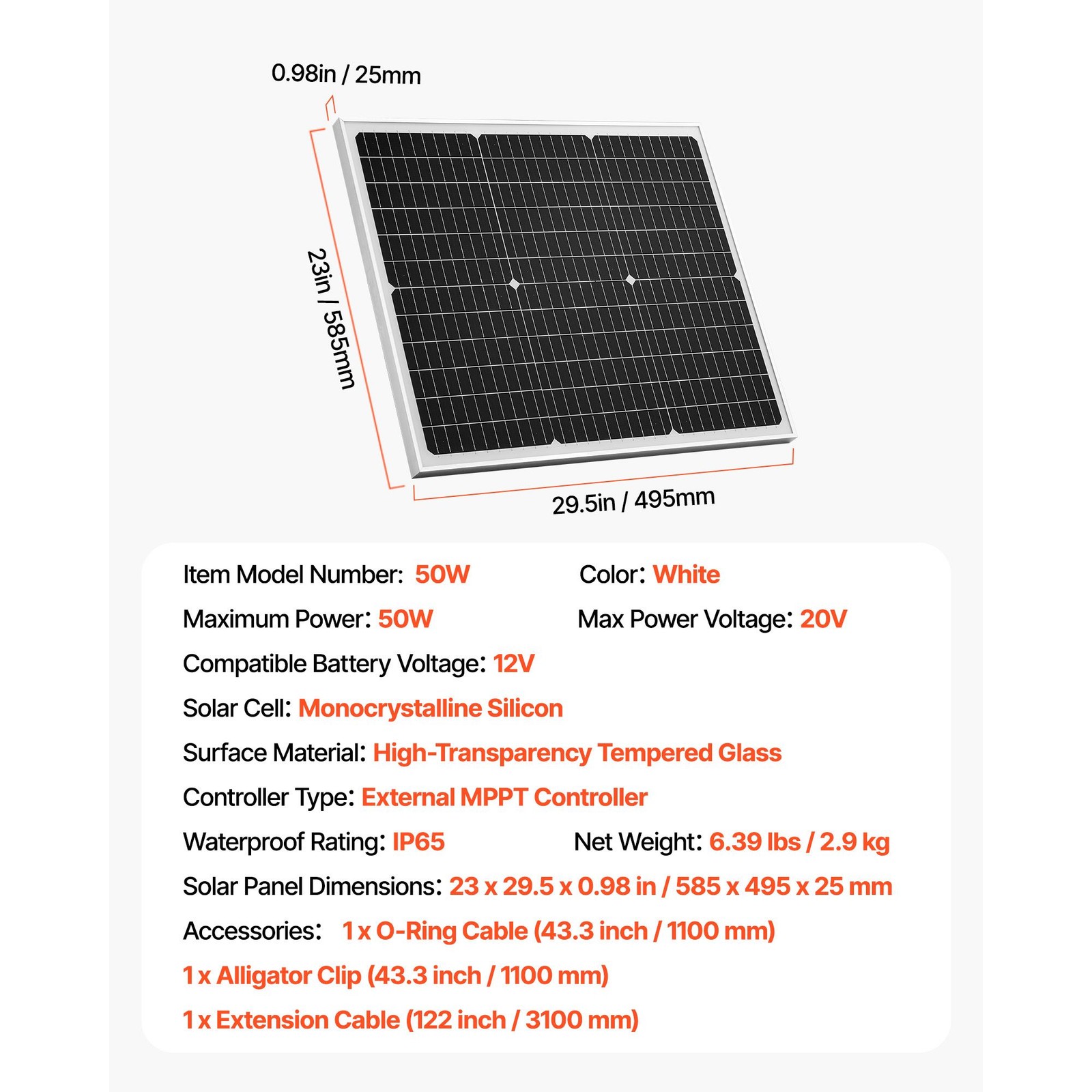 50W 12V Mono Solar Battery Charger with Upgraded MPPT & IP65 Waterproof