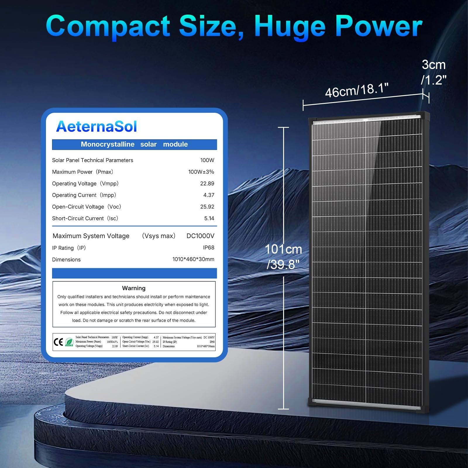 100W Bifacial Solar Panel, 12V High-Efficiency Monocrystalline, IP68 Waterproof