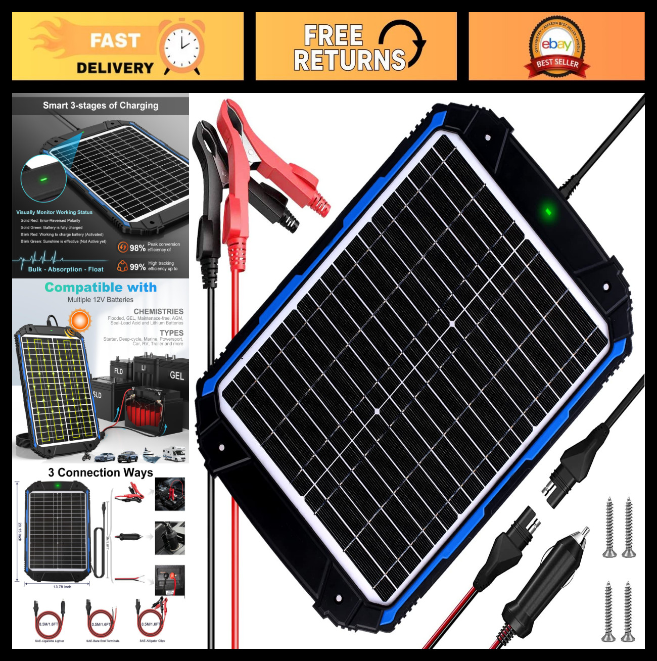 20W 12V Solar Battery Trickle Charger & Maintainer, Waterproof MPPT Controller,