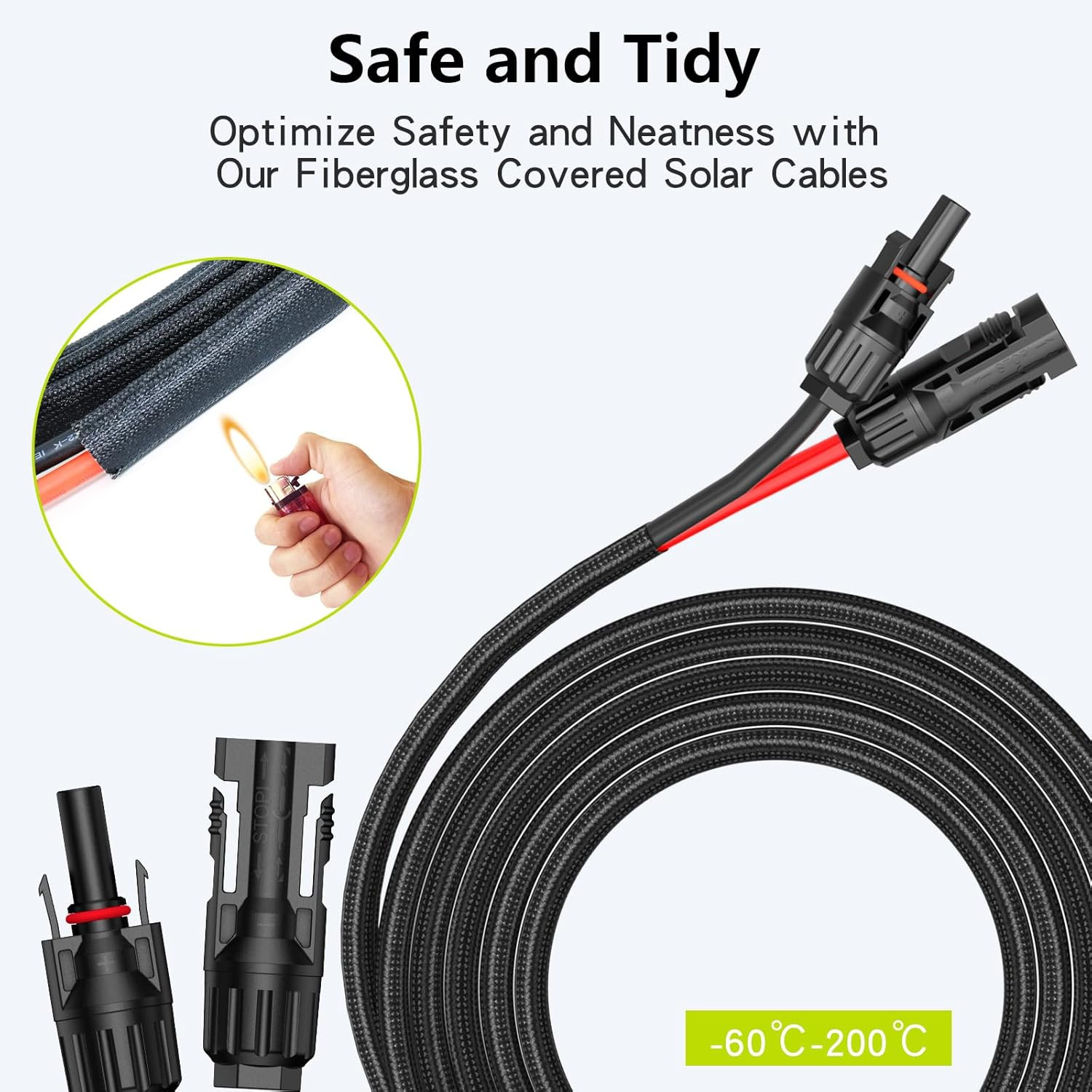 20Ft 10AWG Solar Cable Extension with Protection Cover, Solar Wire with Tool-Fre