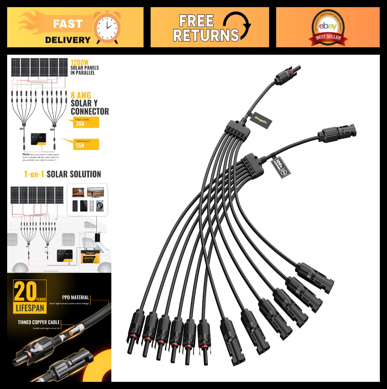 Solar Panel Y Connectors – 1 to 6 Parallel Branch Adapter Cable Kit for PV Syste