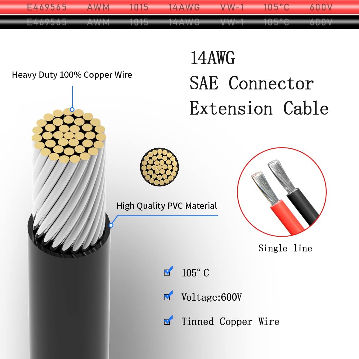 2 Pack 1Ft 2 Pin SAE Connector Cable 14AWG for Solar Panel Car Motorcycle