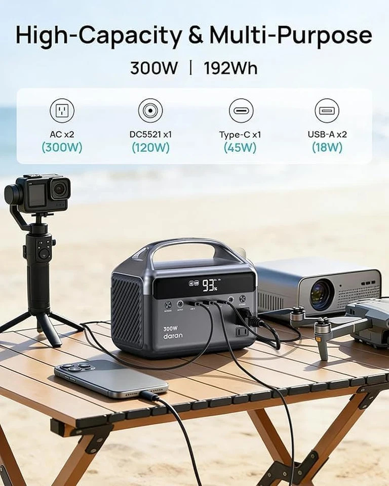 Portable Power Station 300W, 192Wh Lifepo4 Battery Solar Generator with Solar Pa