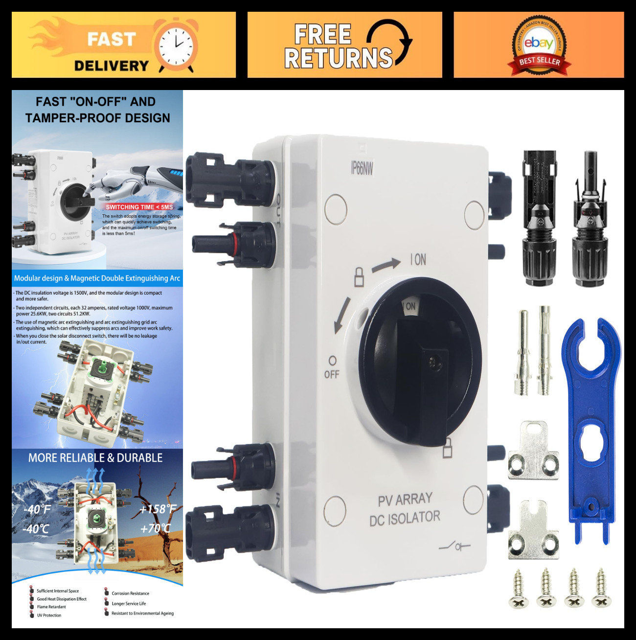 IP66 Waterproof Solar Disconnect Switch 1000V 64A for Off/On-Grid RV & Boat Syst