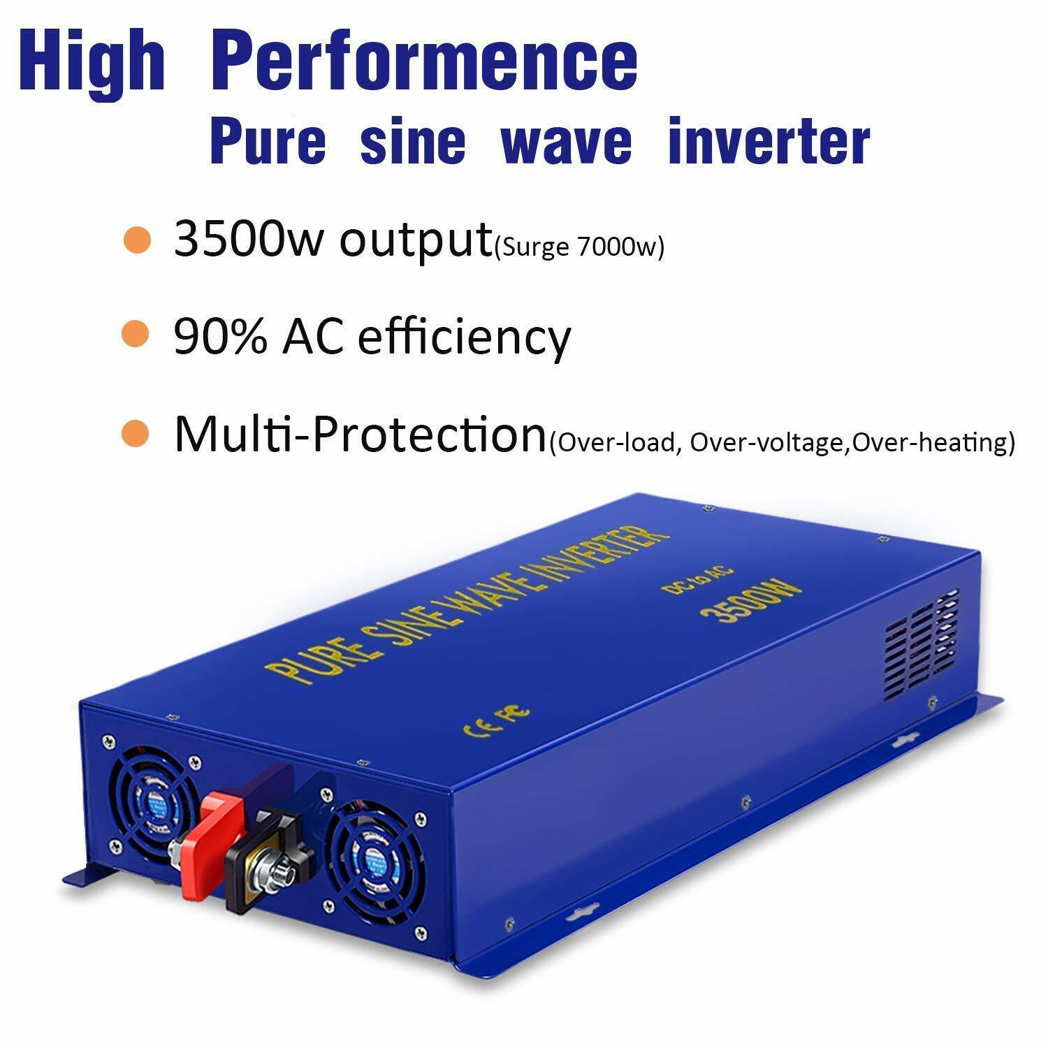 48V Pure Sine Wave Inverter 3500W 110V 120V 7000W Surge Car Truck Motor Solar RV