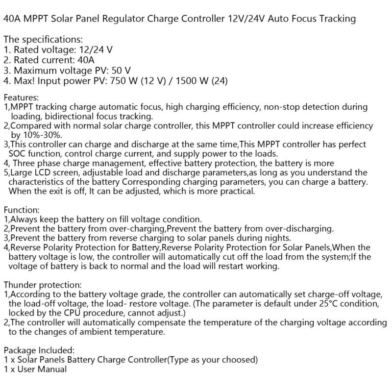 Panel Solar Regulator Auto Focus MPPT 40A 12V-24V Dual USB Charge Controller*