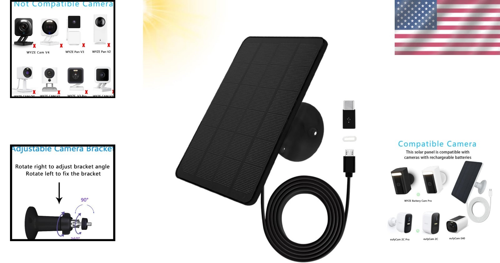 High Efficiency Solar Panel for Outdoor Security Cameras – 10ft Cable Included
