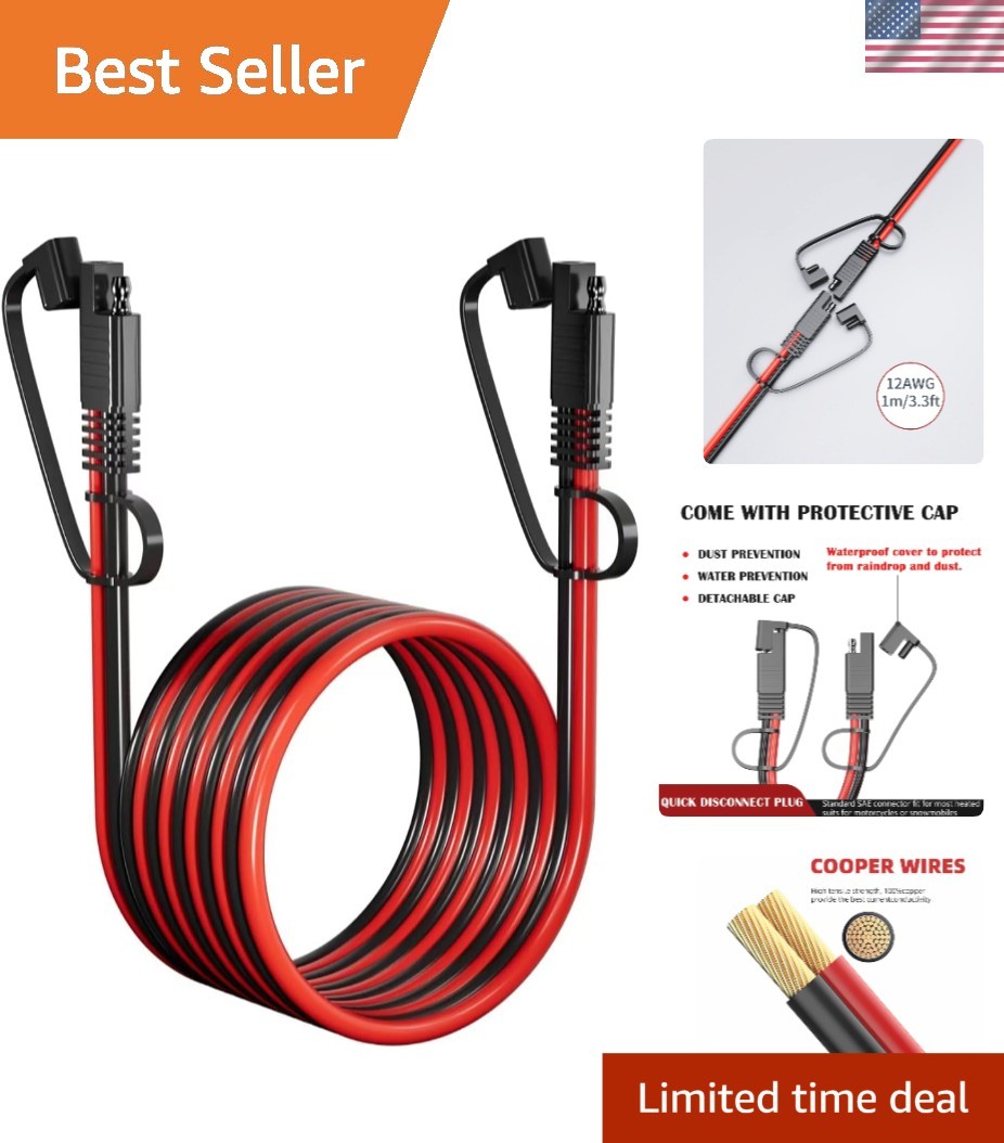 Durable 10FT SAE to SAE Extension Cable for Solar Panels and Vehicles – 12AWG