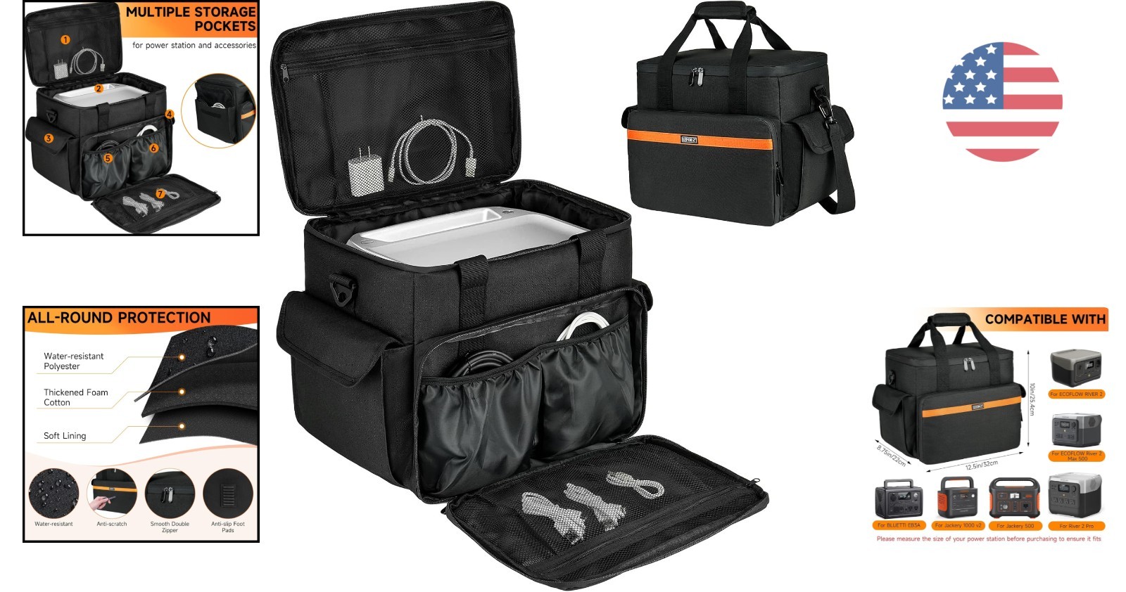 Water-Resistant Travel Bag for Portable Power Stations – 7 Compartments Included