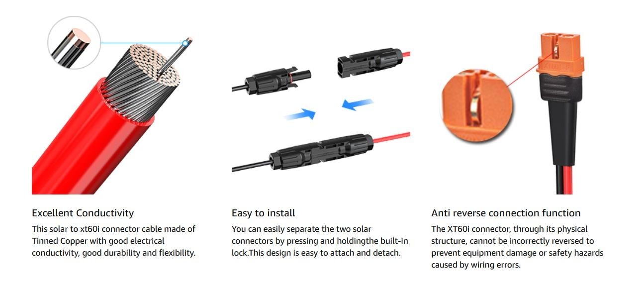 10AWG 2FT Solar Connector to XT60i Adapter Cable for Portable Power Station 60cm
