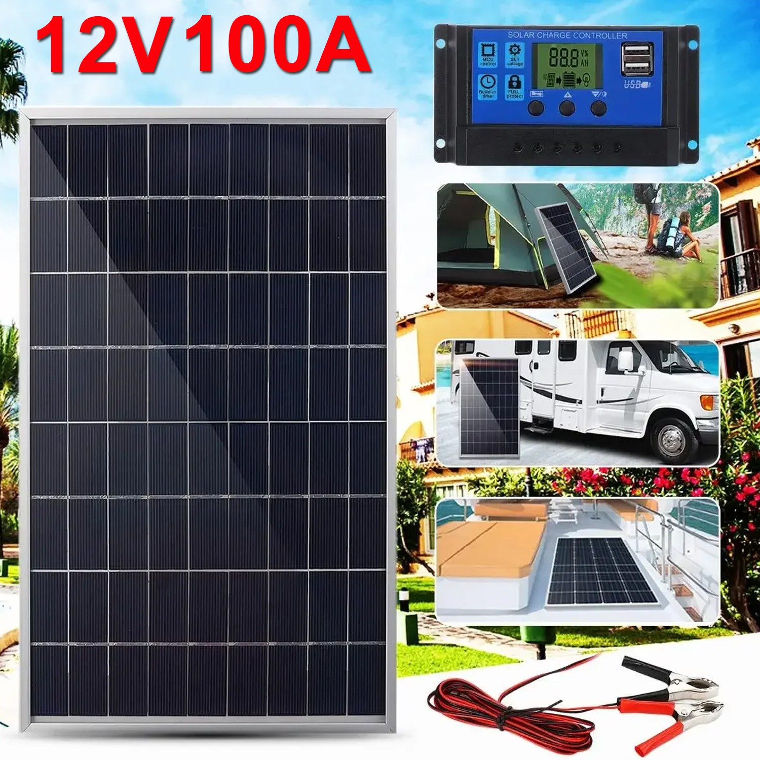 10W Solar Panel 12V Solar Battery Trickle Charger 100A W/ Controller Maintainer