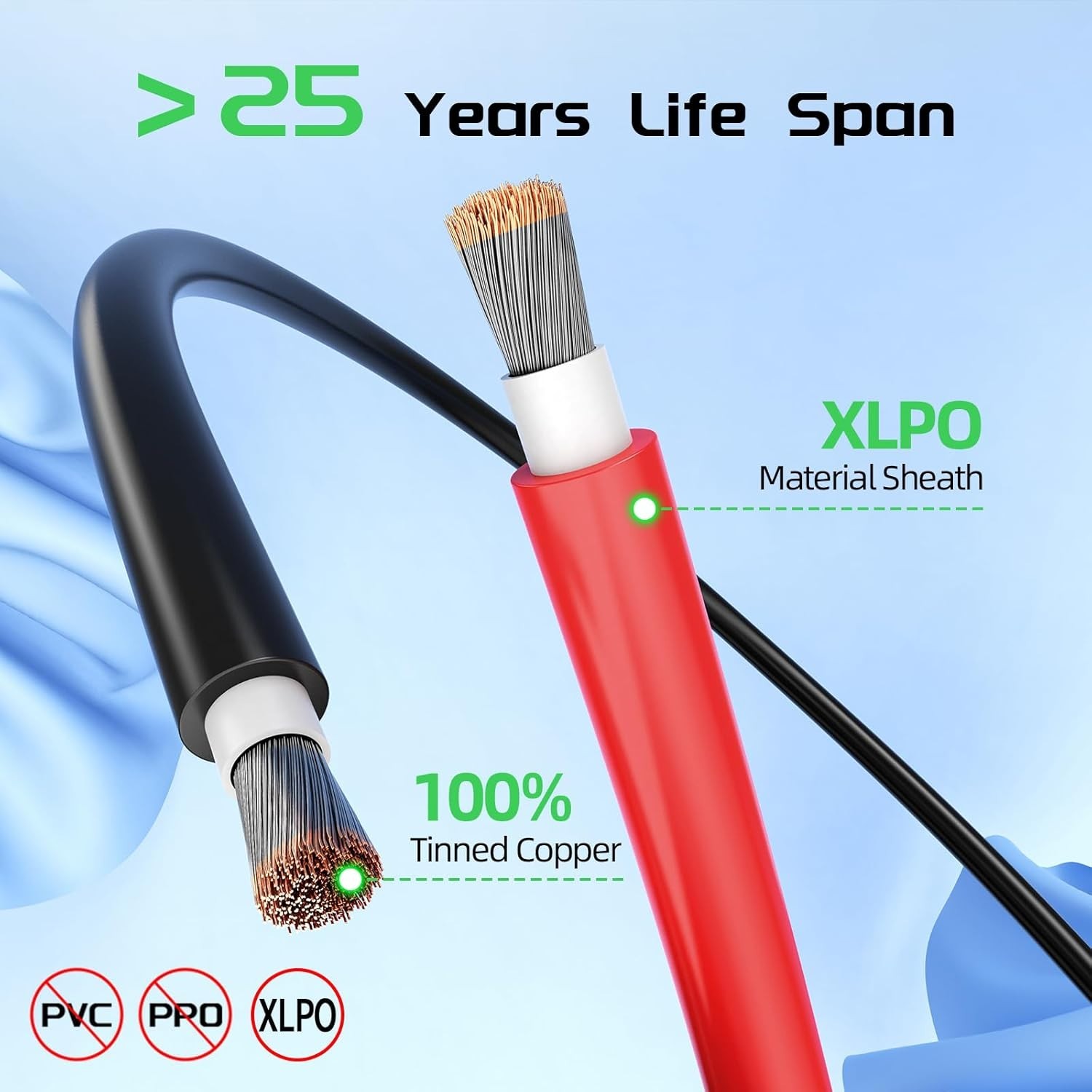100ft Solar Panel Extension Cable 10AWG 6mm² Tinned Copper PV Cable Solar Wire
