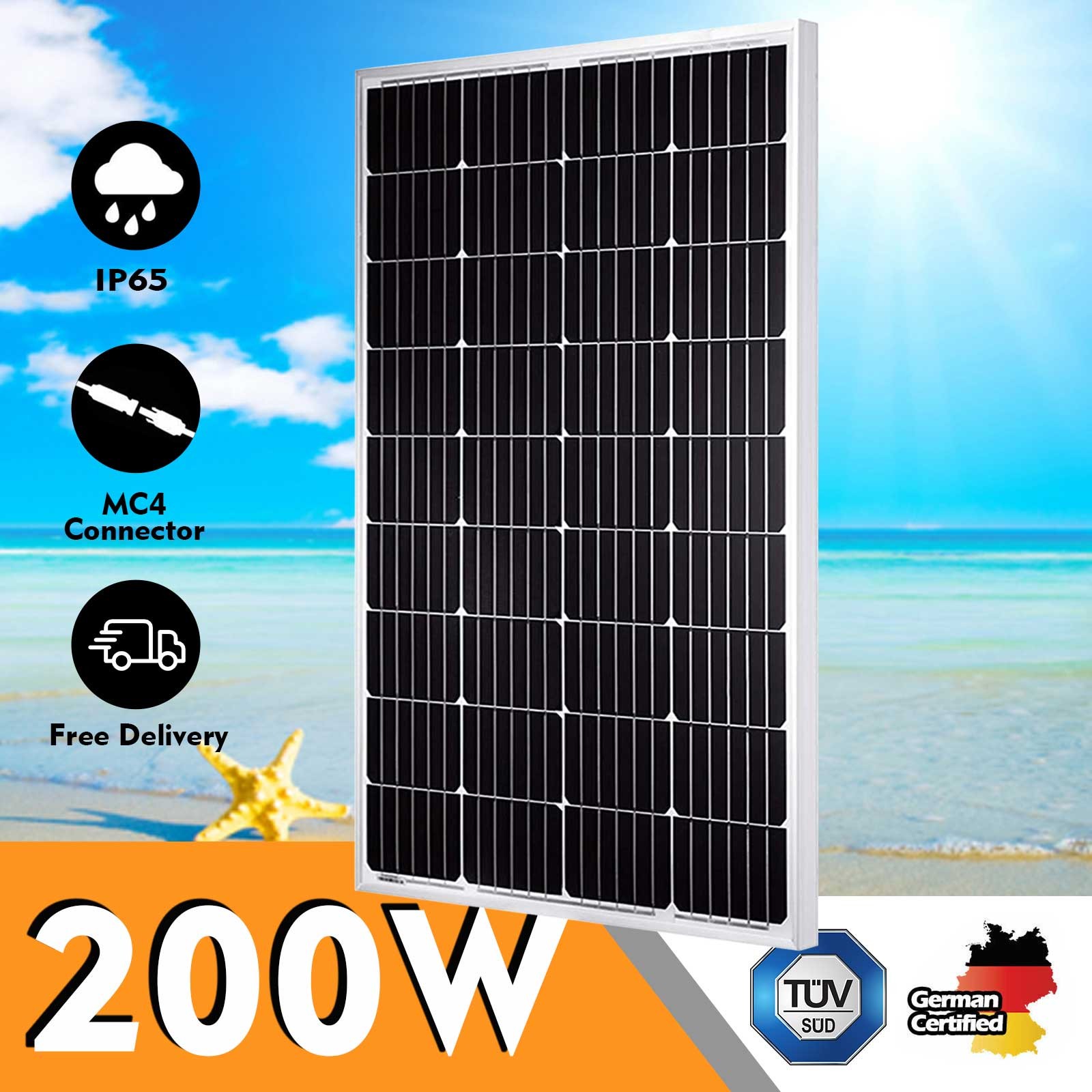 200W 12V Solar Panel High Efficiency Moncrystalline Module RV Marine Boat Home