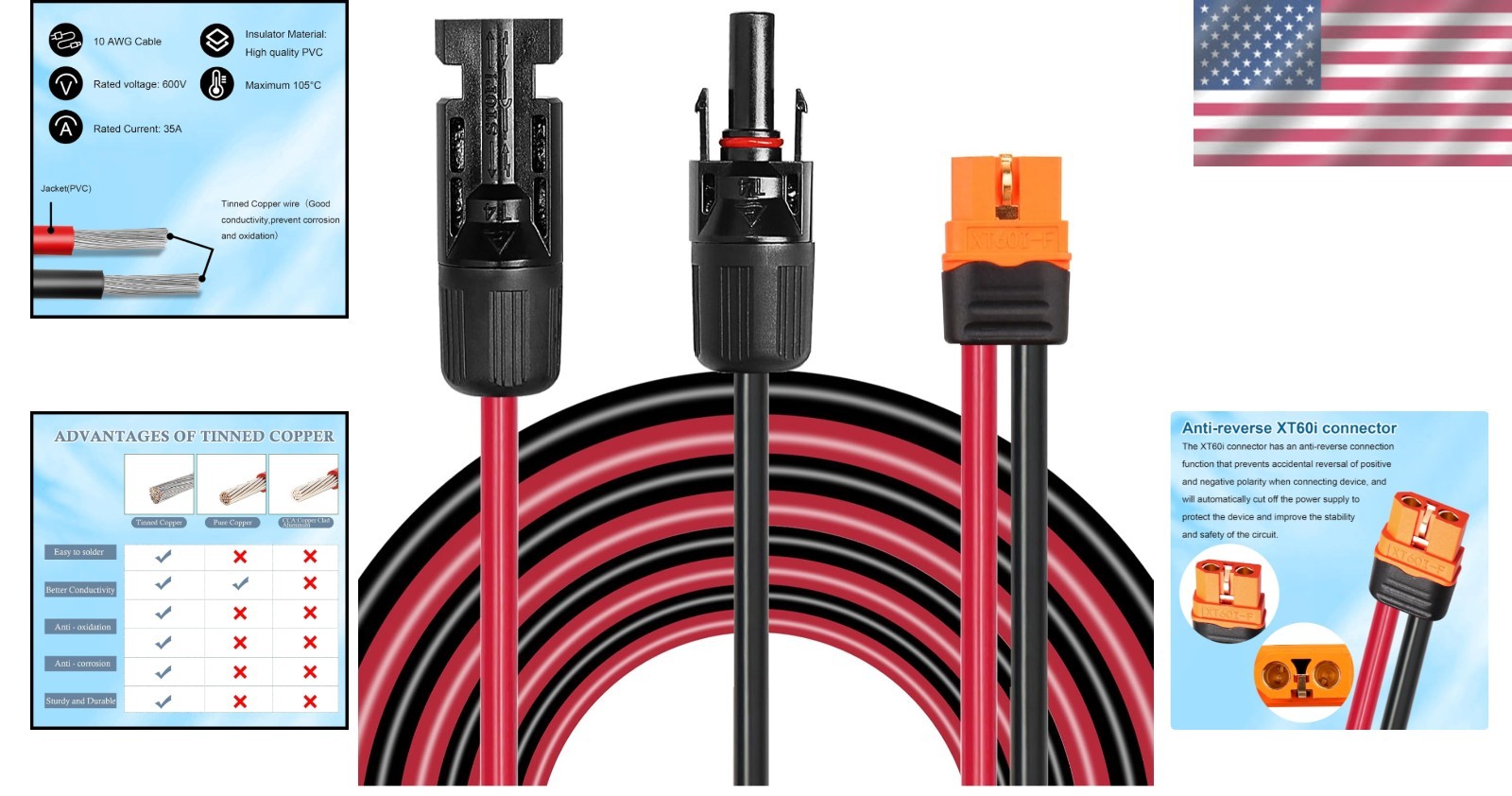 Durable 10FT 10AWG XT60i Solar Connector – Weatherproof & Heat Resistant
