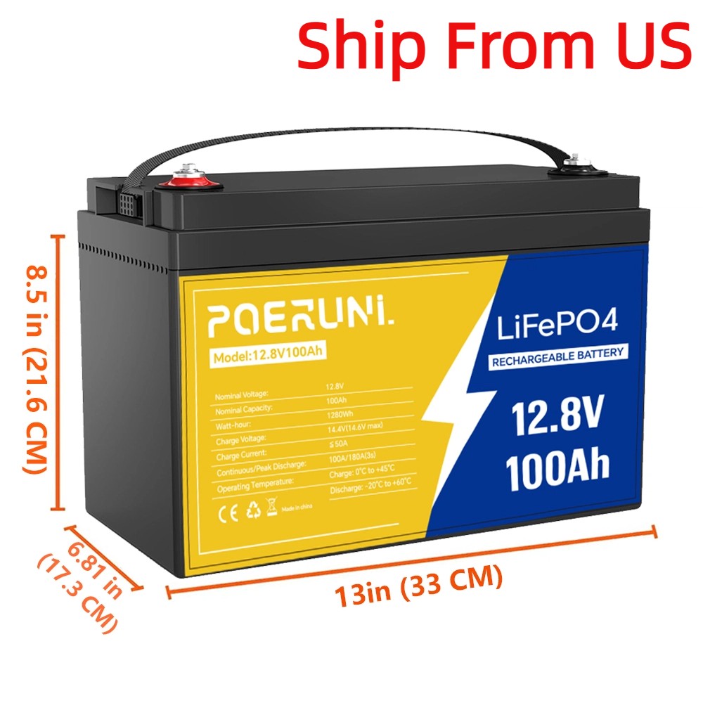 POERUNI 100Ah 12V 1280Wh LiFePO4 Lithium Battery Built-in BMS backup For RV Cars