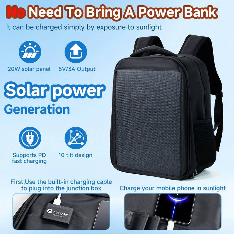 20W Solar Backpack HPBC USB 5V 3A 75% Charged Storage Bag Power for Hiking Trip