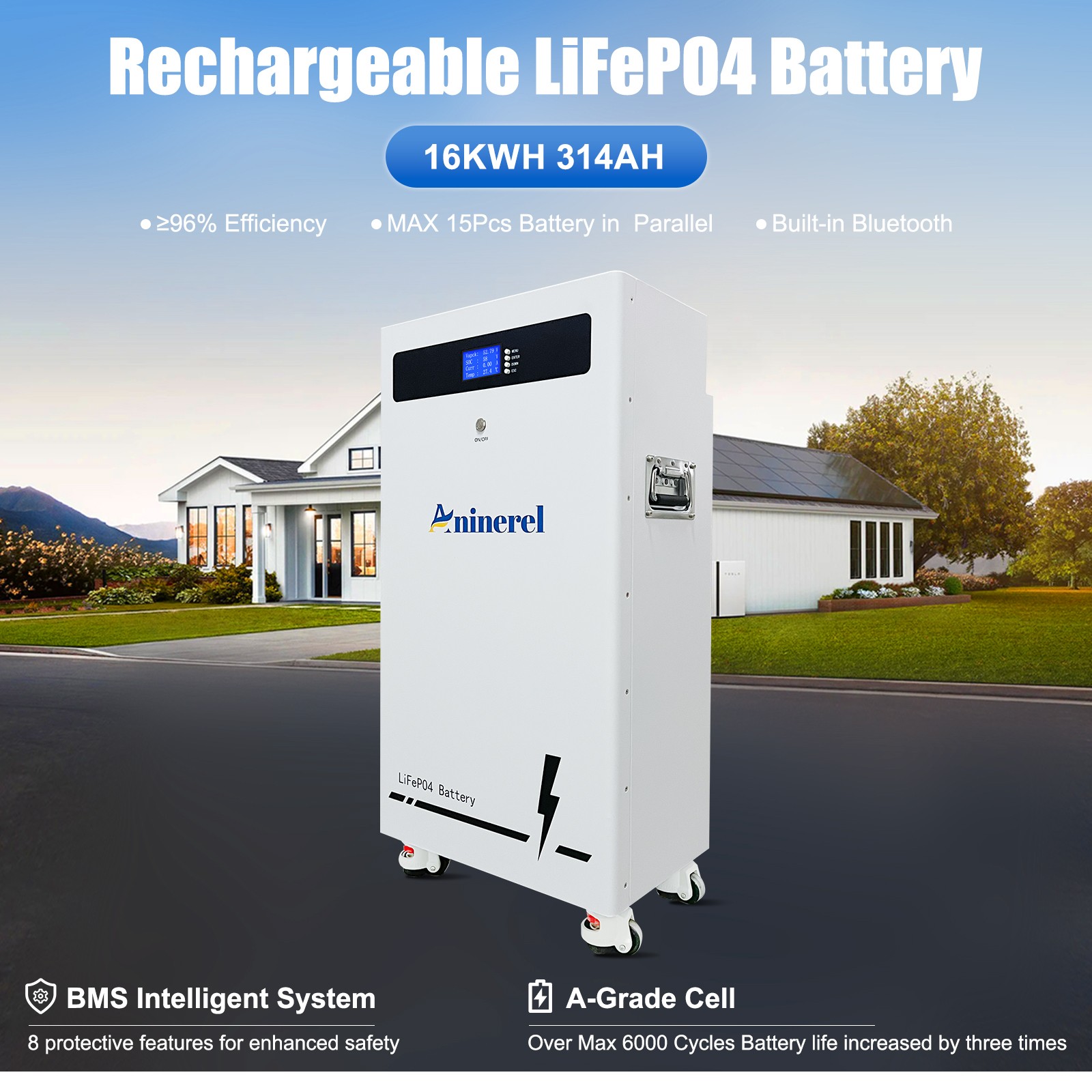 ANINEREL 16kWh 48V 314AH LiFePO4 Battery + 6kw/11kw Solar Hybrid Inverter US