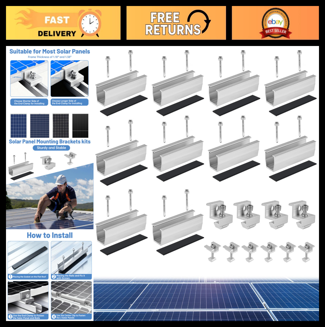 10 Pcs Solar Panel Mounting Bracket Kit – Aluminum Roof Mount Set, Universal PV