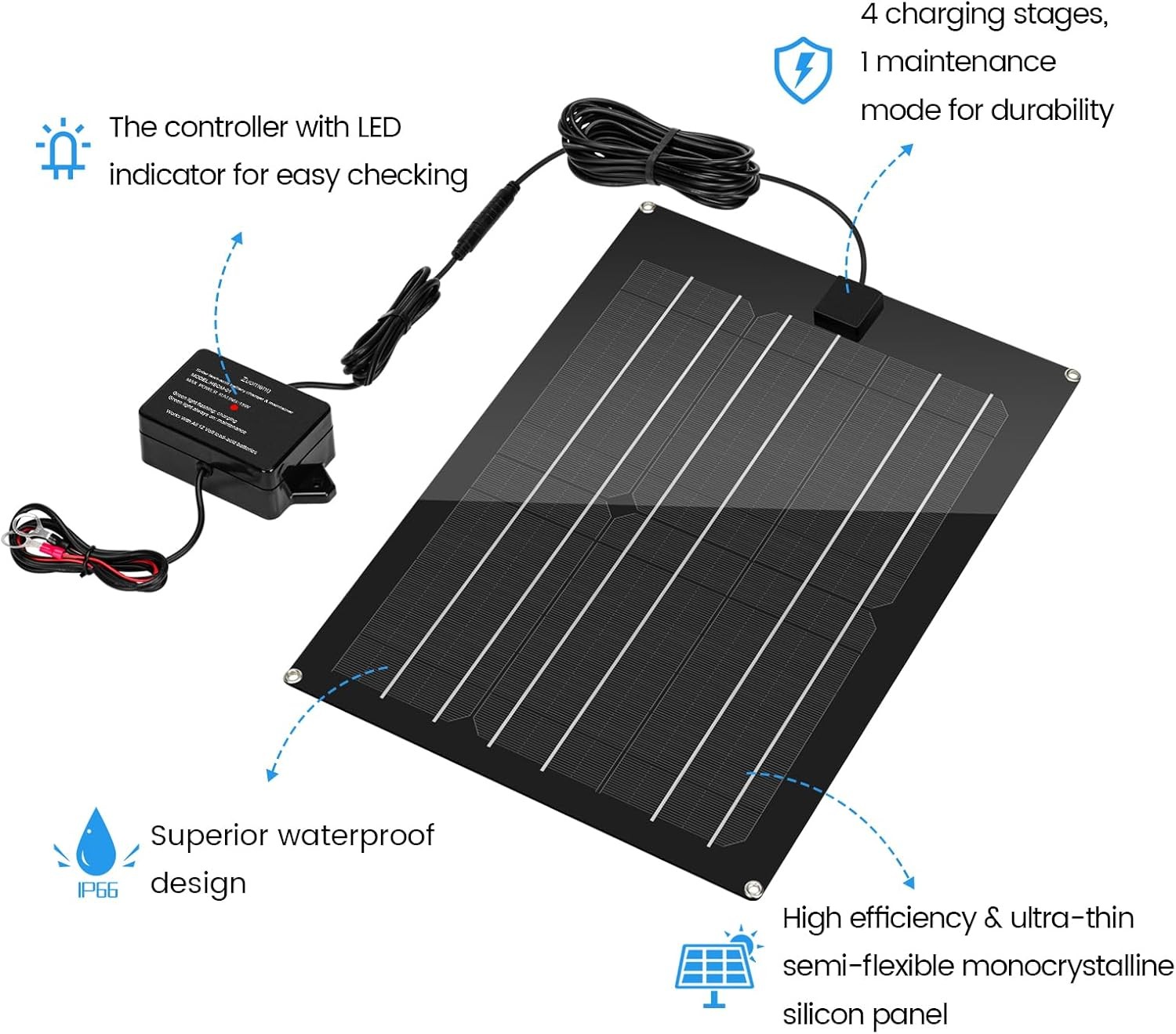 Zuomeng 15W Solar Charger Maintainer for 12V Lead Acid Battery