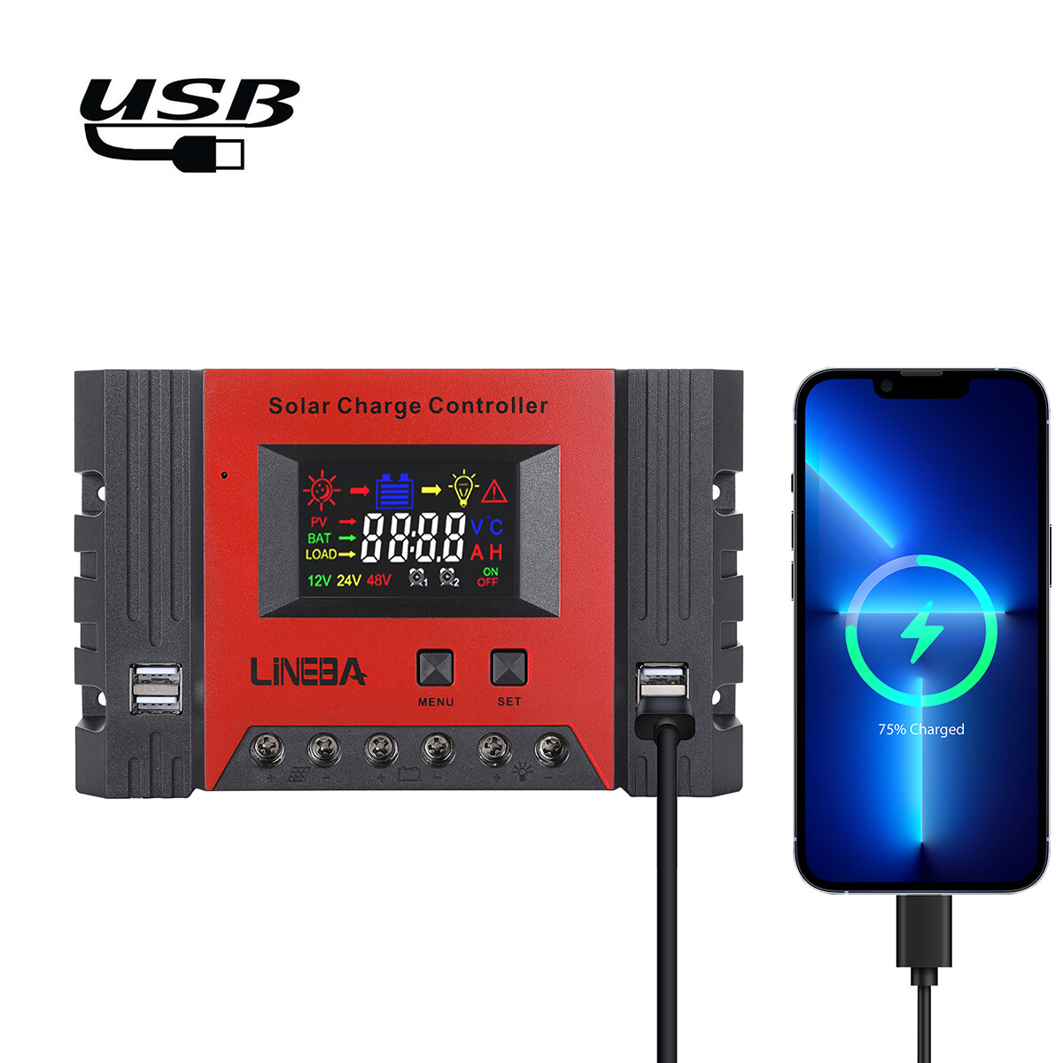 12V/24V/36V/48V 30-100A PWM Solar Charge Controller Panel Battery Regulator 4USB